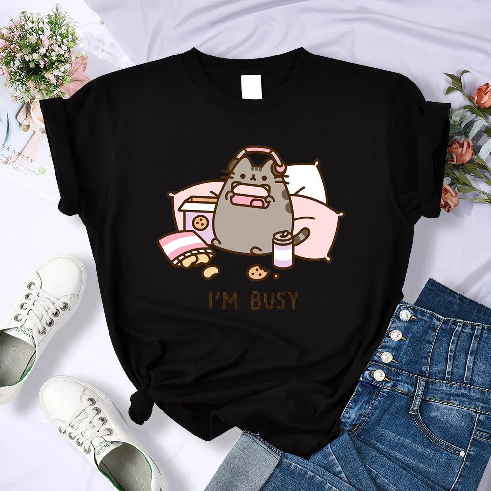 Sorry I'm Busy Cat Playing Games With Headphones Oversized Summer T-Shirt for Women Casual Streetwear Soft Cotton Tee