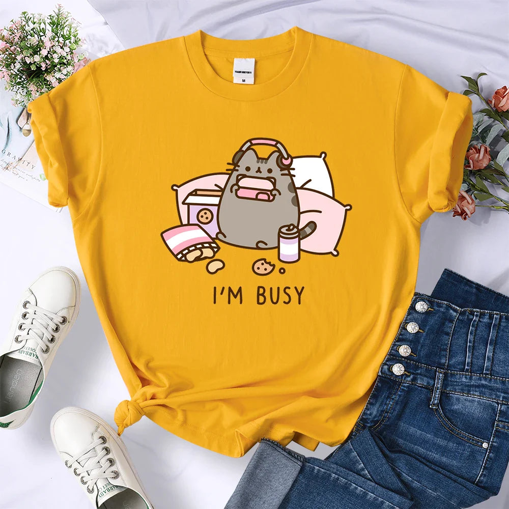 Sorry I'm Busy Cat Playing Games With Headphones Oversized Summer T-Shirt for Women Casual Streetwear Soft Cotton Tee