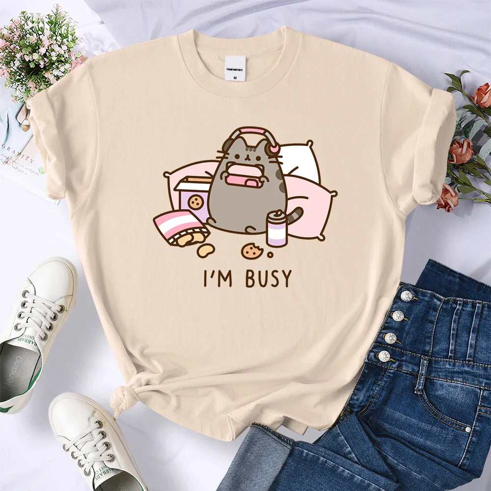 Sorry I'm Busy Cat Playing Games With Headphones Oversized Summer T-Shirt for Women Casual Streetwear Soft Cotton Tee