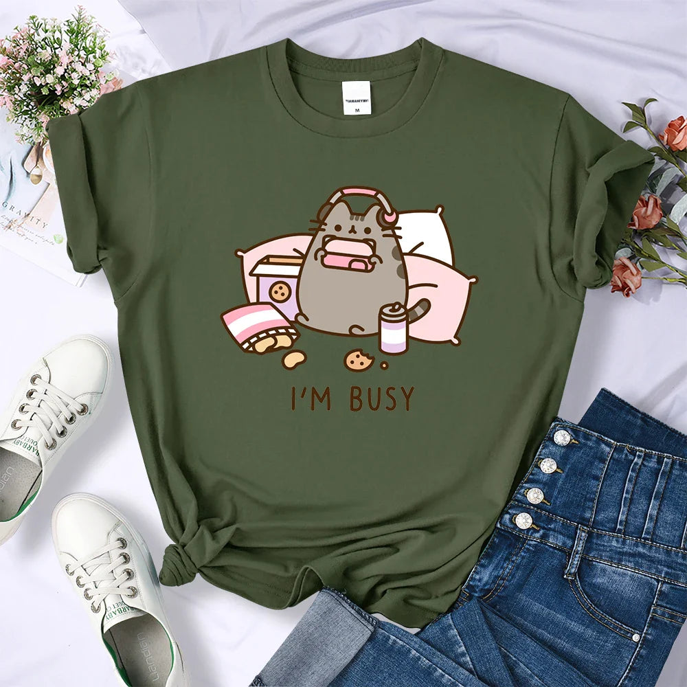 Sorry I'm Busy Cat Playing Games With Headphones Oversized Summer T-Shirt for Women Casual Streetwear Soft Cotton Tee