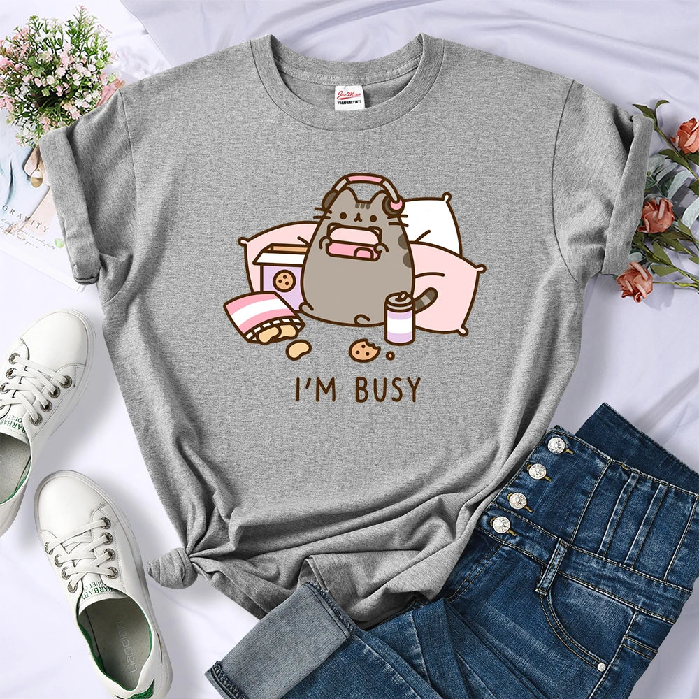 Sorry I'm Busy Cat Playing Games With Headphones Oversized Summer T-Shirt for Women Casual Streetwear Soft Cotton Tee