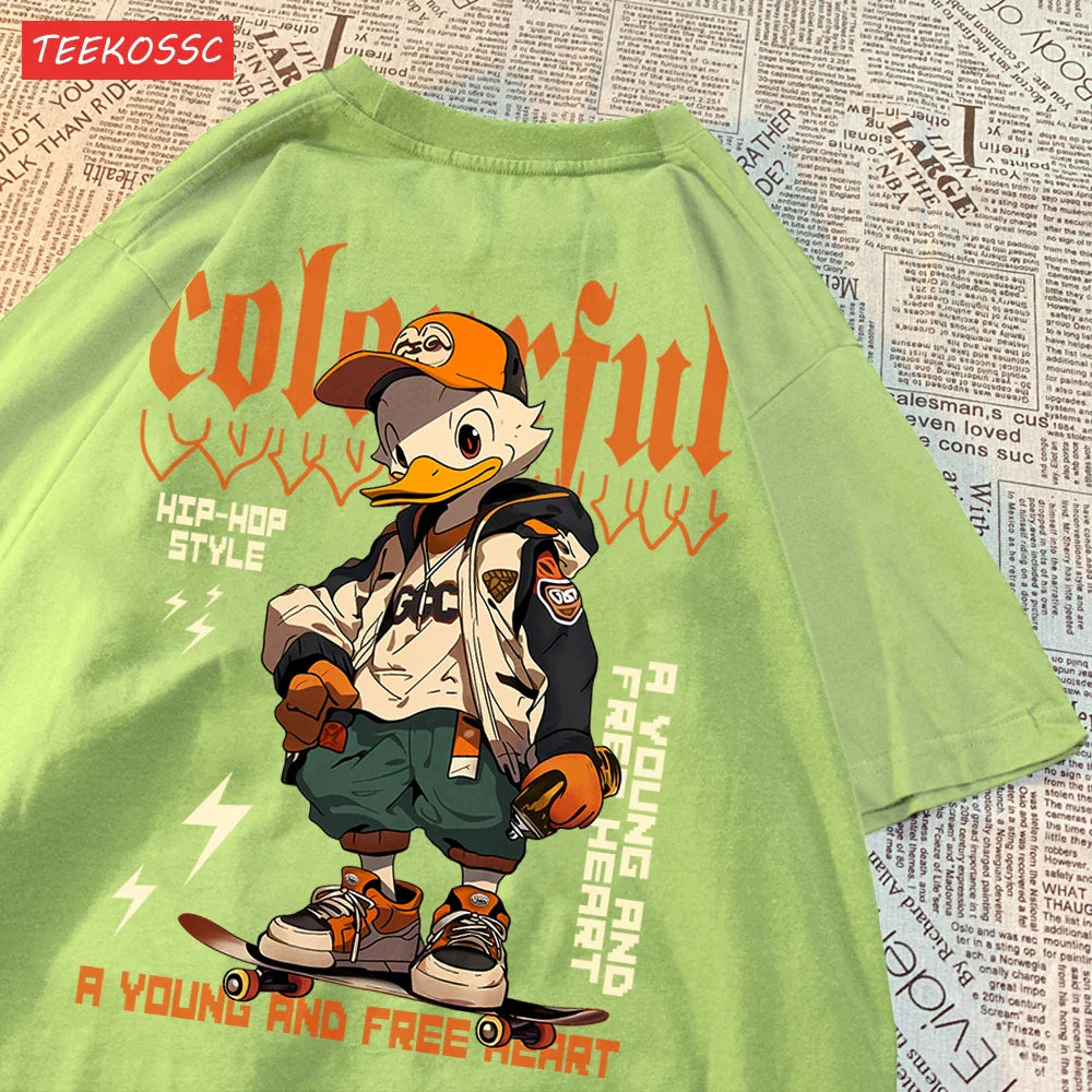 Breathable Cotton T-Shirt for Women with Cool Duck Pattern Print Trendy Cartoon Graphic Tee Short Sleeve Casual Top