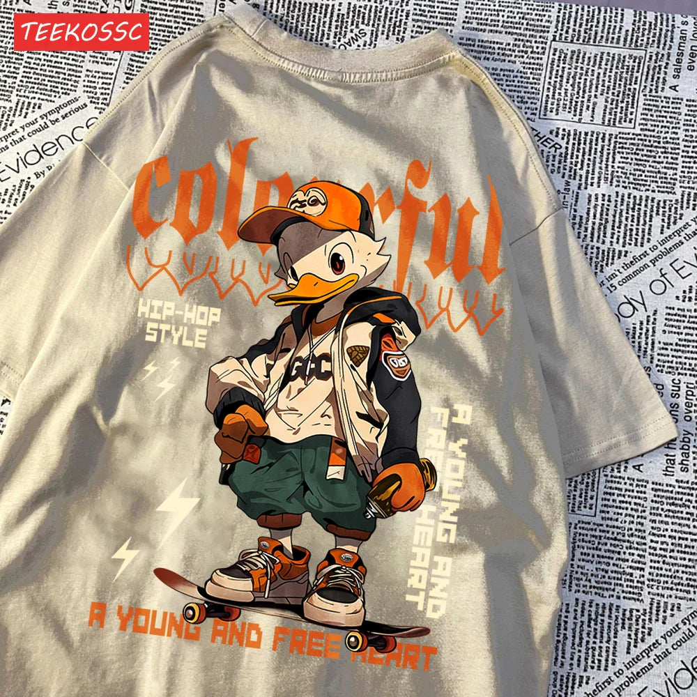 Breathable Cotton T-Shirt for Women with Cool Duck Pattern Print Trendy Cartoon Graphic Tee Short Sleeve Casual Top