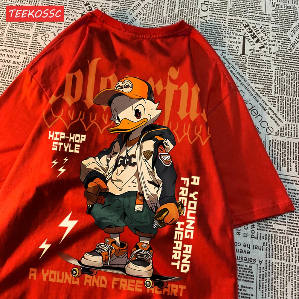Breathable Cotton T-Shirt for Women with Cool Duck Pattern Print Trendy Cartoon Graphic Tee Short Sleeve Casual Top