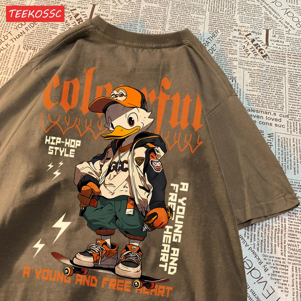 Breathable Cotton T-Shirt for Women with Cool Duck Pattern Print Trendy Cartoon Graphic Tee Short Sleeve Casual Top