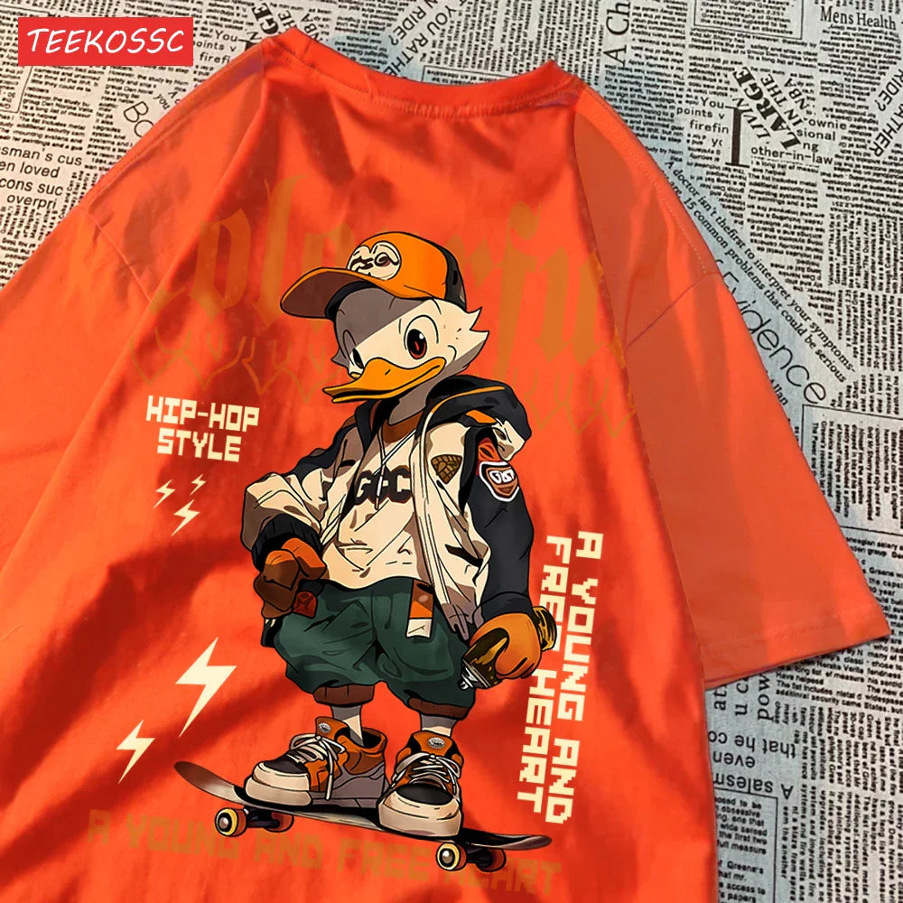 Breathable Cotton T-Shirt for Women with Cool Duck Pattern Print Trendy Cartoon Graphic Tee Short Sleeve Casual Top