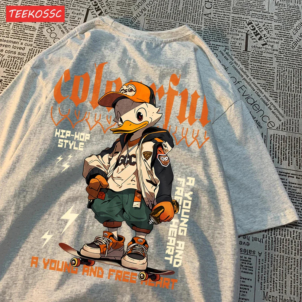 Breathable Cotton T-Shirt for Women with Cool Duck Pattern Print Trendy Cartoon Graphic Tee Short Sleeve Casual Top