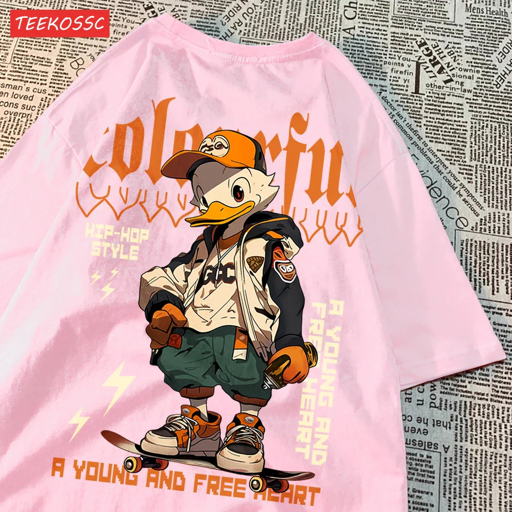 Breathable Cotton T-Shirt for Women with Cool Duck Pattern Print Trendy Cartoon Graphic Tee Short Sleeve Casual Top