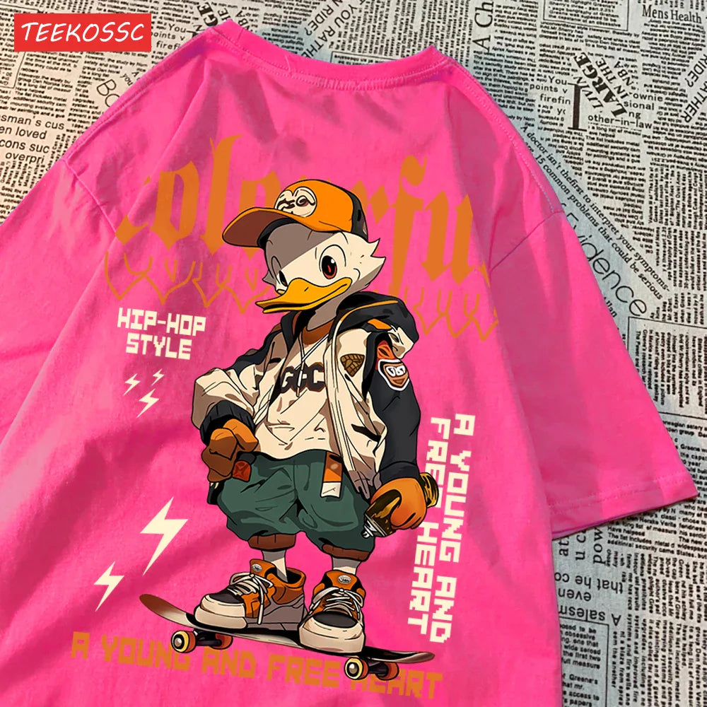 Breathable Cotton T-Shirt for Women with Cool Duck Pattern Print Trendy Cartoon Graphic Tee Short Sleeve Casual Top