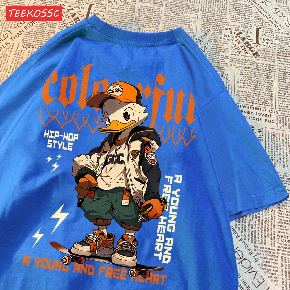 Breathable Cotton T-Shirt for Women with Cool Duck Pattern Print Trendy Cartoon Graphic Tee Short Sleeve Casual Top