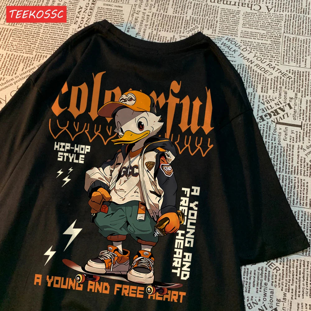 Breathable Cotton T-Shirt for Women with Cool Duck Pattern Print Trendy Cartoon Graphic Tee Short Sleeve Casual Top