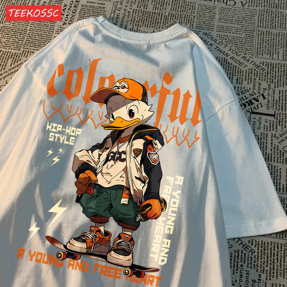 Breathable Cotton T-Shirt for Women with Cool Duck Pattern Print Trendy Cartoon Graphic Tee Short Sleeve Casual Top