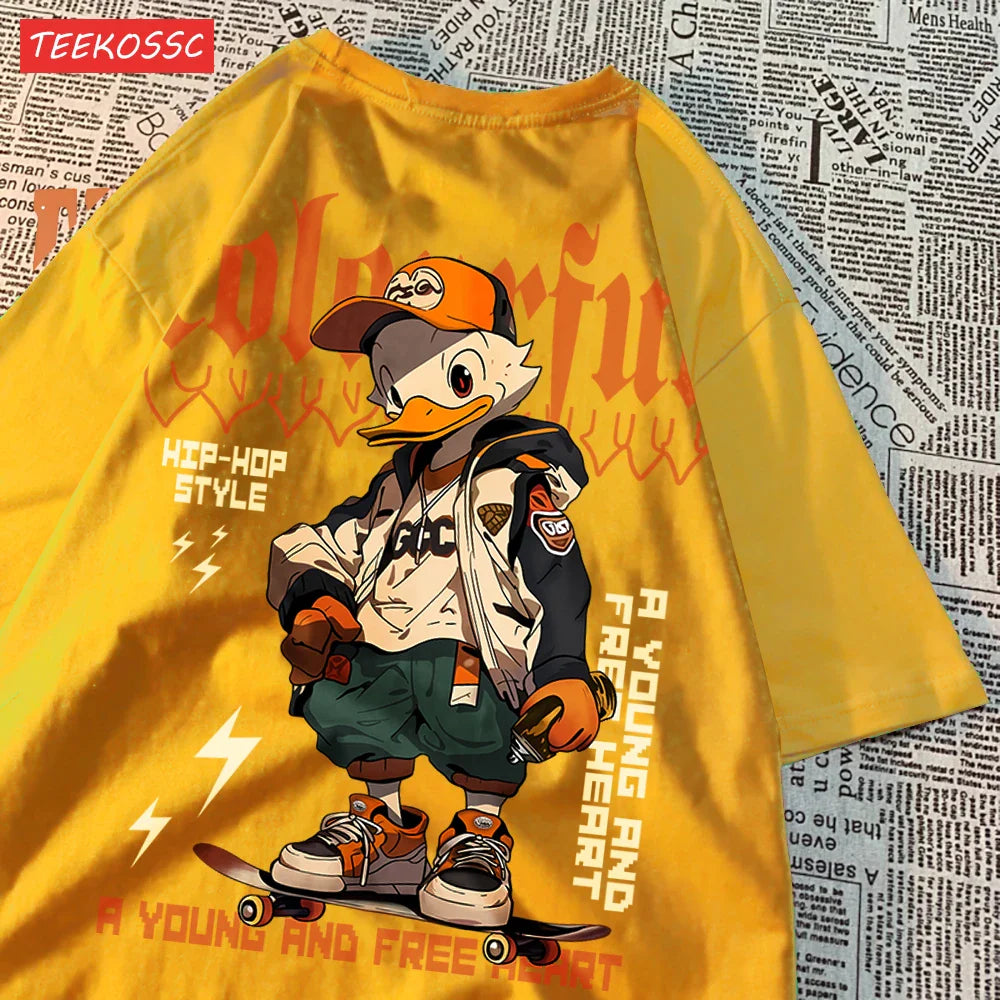 Breathable Cotton T-Shirt for Women with Cool Duck Pattern Print Trendy Cartoon Graphic Tee Short Sleeve Casual Top