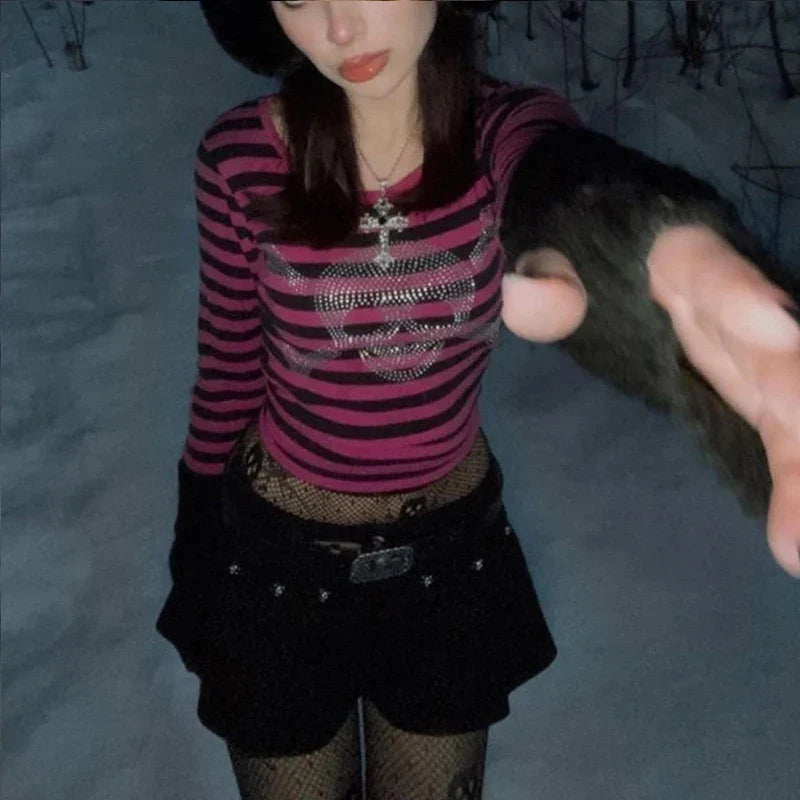 Cyber Y2K Indie Aesthetic Grunge Crop Top with Gothic Skull Rhinestone Print Vintage Stripe Full Sleeve Slim Fit T-shirt