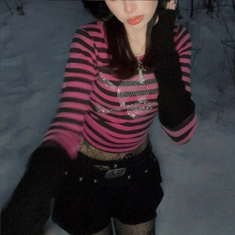 Cyber Y2K Indie Aesthetic Grunge Crop Top with Gothic Skull Rhinestone Print Vintage Stripe Full Sleeve Slim Fit T-shirt
