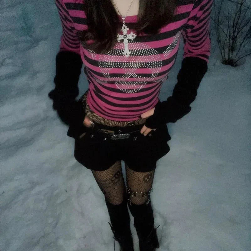 Cyber Y2K Indie Aesthetic Grunge Crop Top with Gothic Skull Rhinestone Print Vintage Stripe Full Sleeve Slim Fit T-shirt