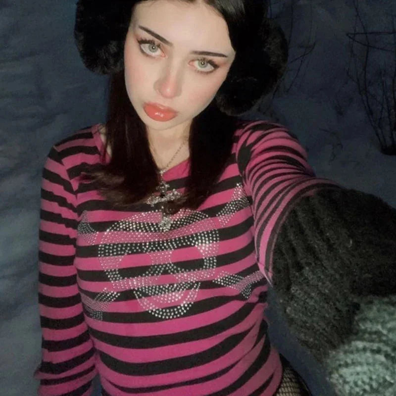 Cyber Y2K Indie Aesthetic Grunge Crop Top with Gothic Skull Rhinestone Print Vintage Stripe Full Sleeve Slim Fit T-shirt