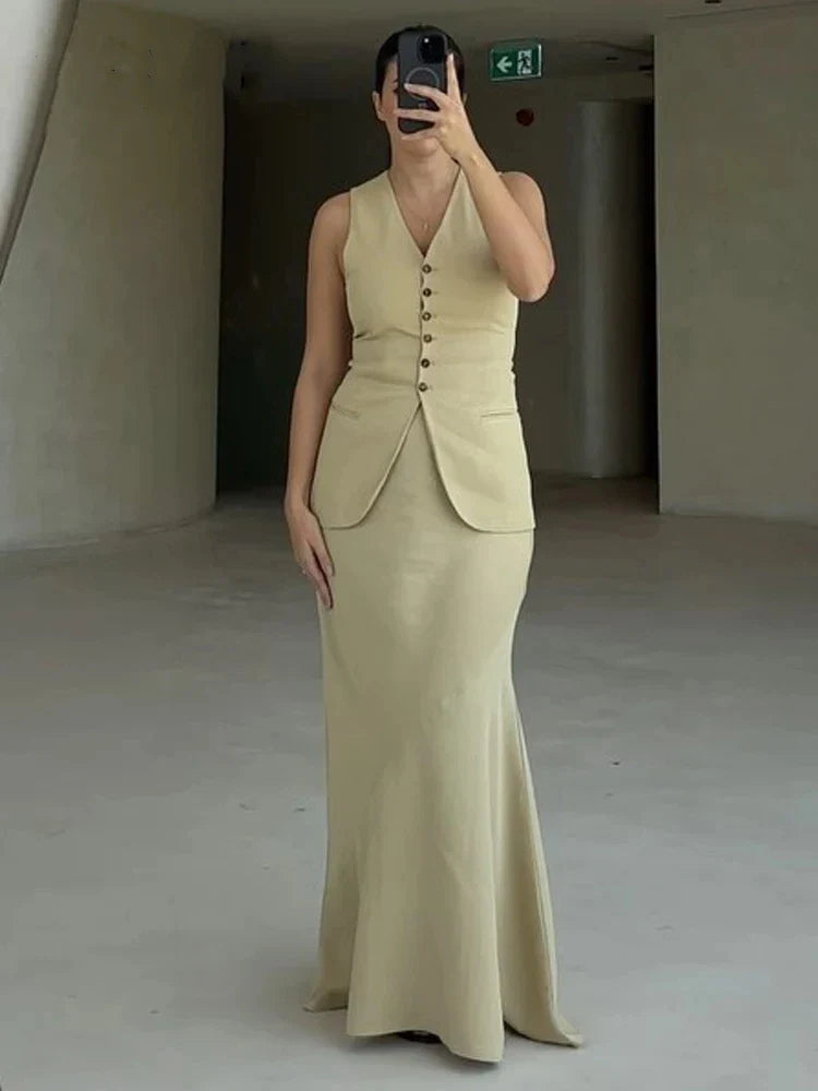 Summer Elegant Women's Two-Piece Set Sleeveless V-Neck Vest and High Waist Long Skirt Office Lady Suit