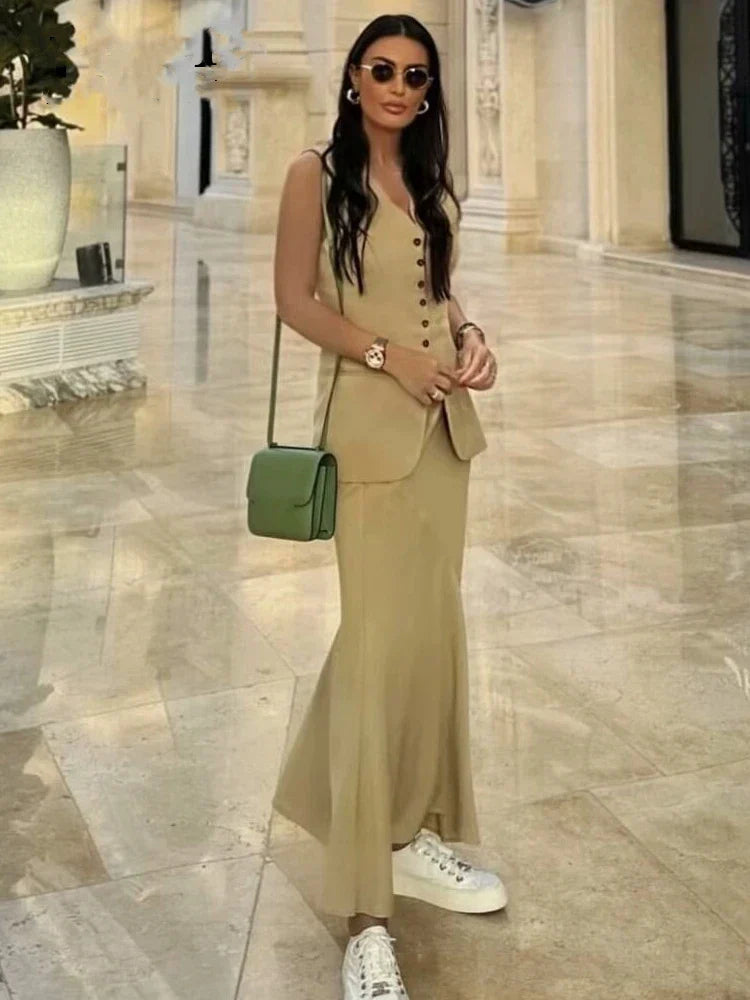 Summer Elegant Women's Two-Piece Set Sleeveless V-Neck Vest and High Waist Long Skirt Office Lady Suit