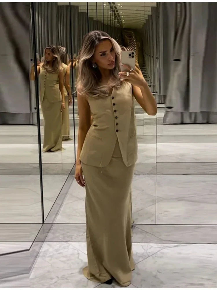 Summer Elegant Women's Two-Piece Set Sleeveless V-Neck Vest and High Waist Long Skirt Office Lady Suit