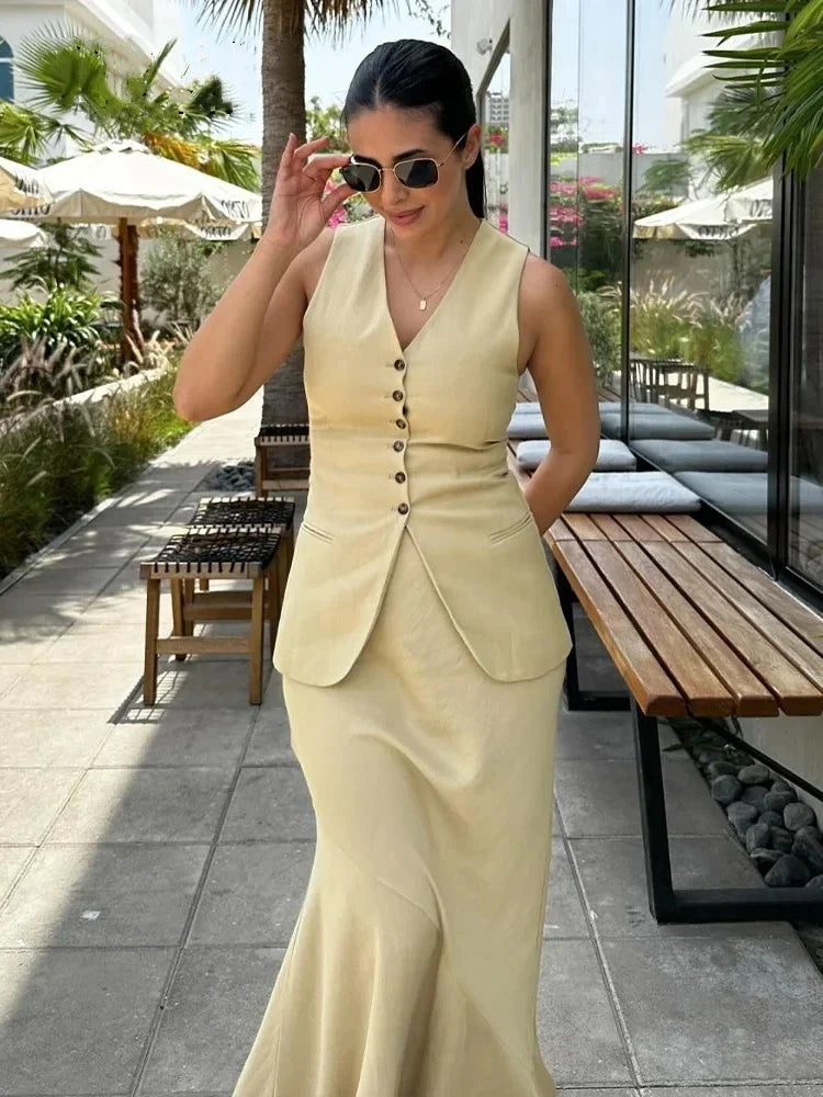 Summer Elegant Women's Two-Piece Set Sleeveless V-Neck Vest and High Waist Long Skirt Office Lady Suit