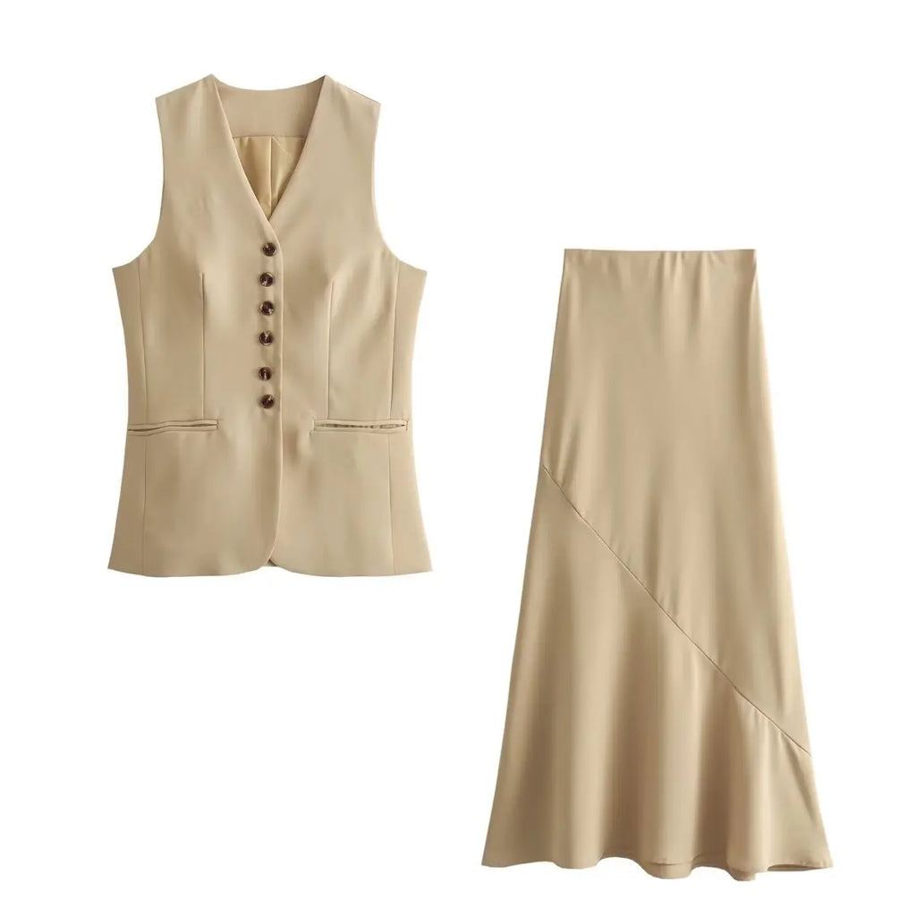 Summer Elegant Women's Two-Piece Set Sleeveless V-Neck Vest and High Waist Long Skirt Office Lady Suit