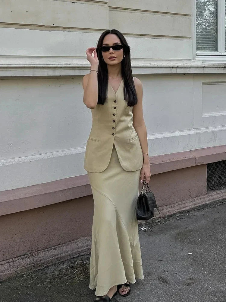 Summer Elegant Women's Two-Piece Set Sleeveless V-Neck Vest and High Waist Long Skirt Office Lady Suit