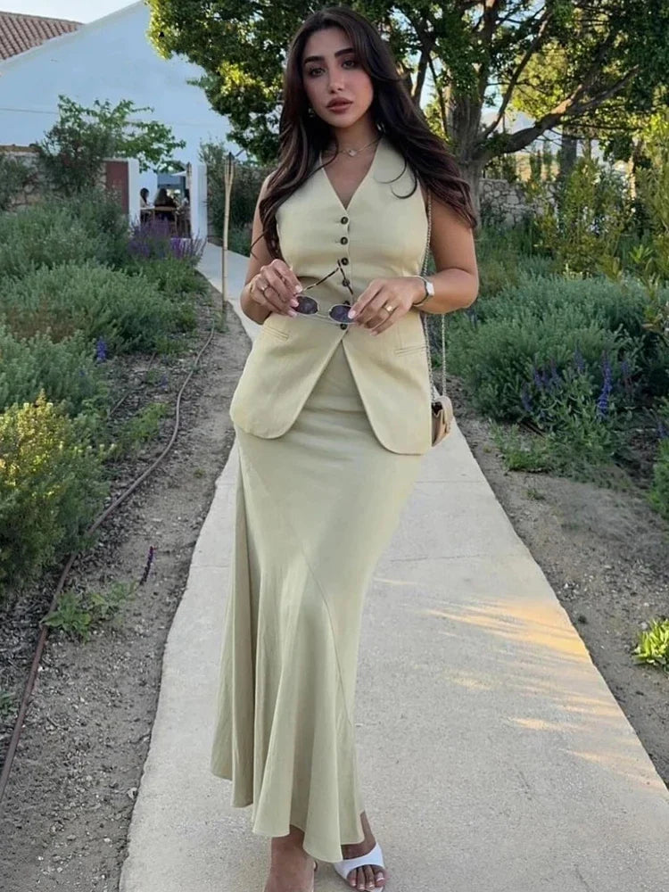 Summer Elegant Women's Two-Piece Set Sleeveless V-Neck Vest and High Waist Long Skirt Office Lady Suit