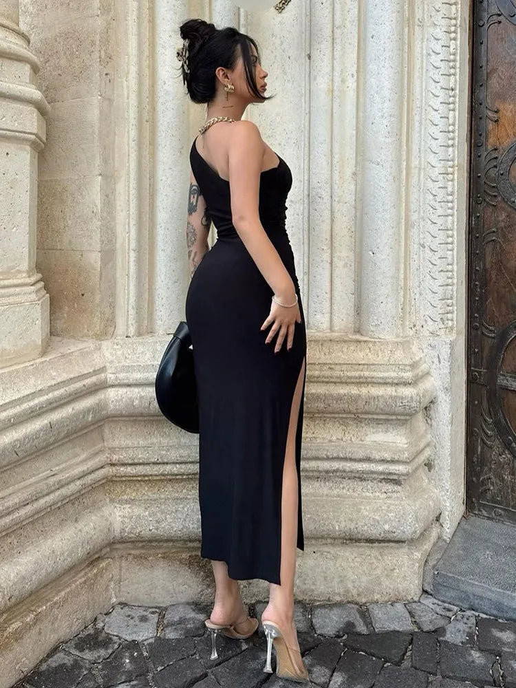 Elegant Black Maxi Dress for Women with Sexy Side Slit and Backless Design Perfect for Parties and Summer Wear