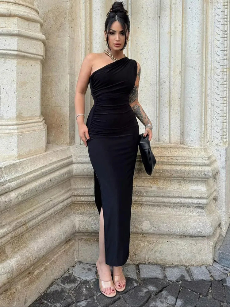 Elegant Black Maxi Dress for Women with Sexy Side Slit and Backless Design Perfect for Parties and Summer Wear