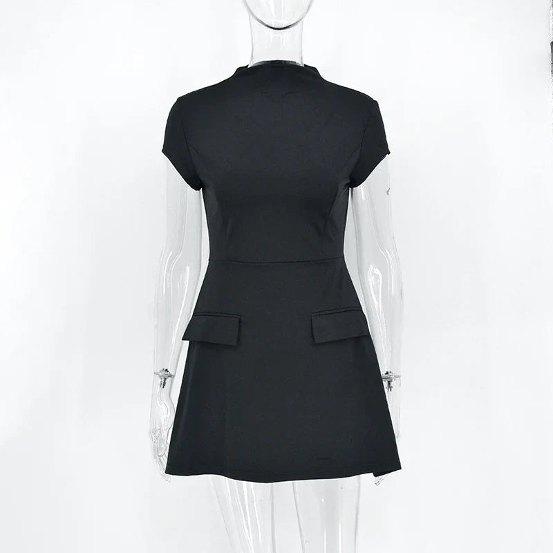 Elegant Black A-Line Mini Dress for Women Summer Short Sleeve Casual and Party Wear Slim Fit Fashionable Streetwear
