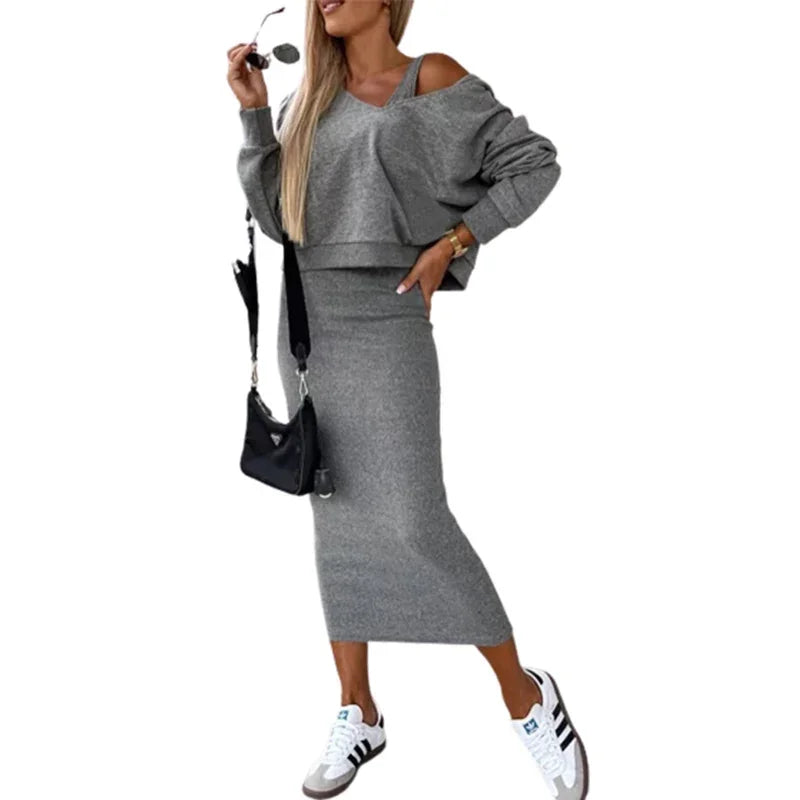 Slim Fit Wrap Two Piece Set for Women with V Neck Hooded Sweatshirt and Hip Vest Dress Casual Suspenders Dressy Outfit in Solid Color
