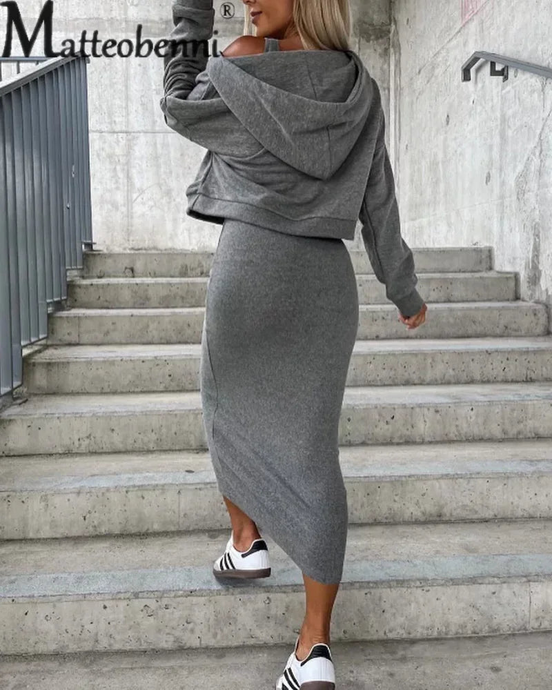 Slim Fit Wrap Two Piece Set for Women with V Neck Hooded Sweatshirt and Hip Vest Dress Casual Suspenders Dressy Outfit in Solid Color