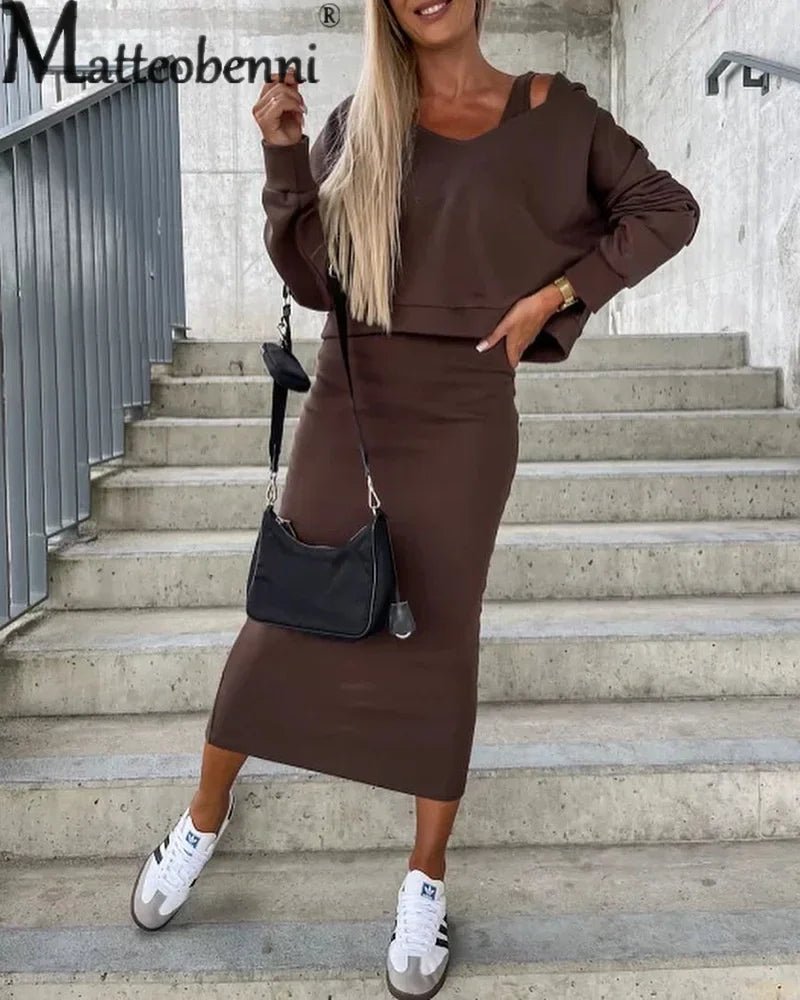 Slim Fit Wrap Two Piece Set for Women with V Neck Hooded Sweatshirt and Hip Vest Dress Casual Suspenders Dressy Outfit in Solid Color