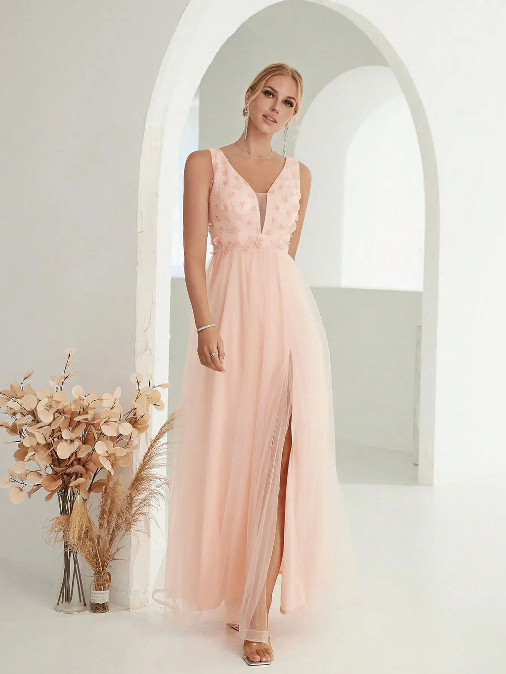 V-Neck 3D Sequin Embroidered Mesh Slit Skirt with Elegant Glamour and Artistic Detail