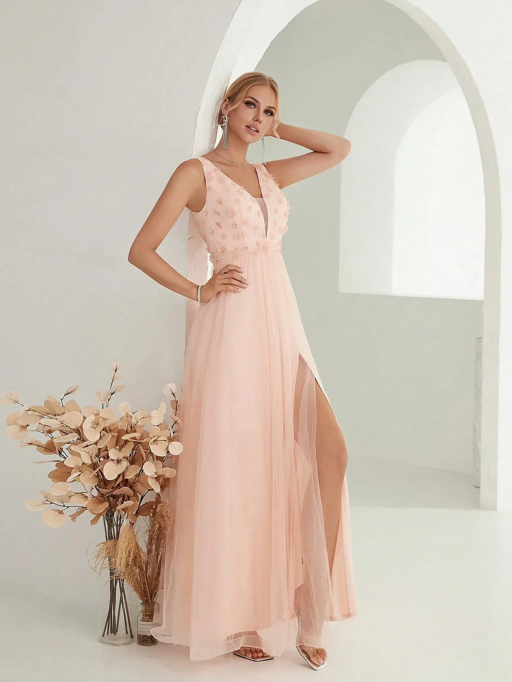 V-Neck 3D Sequin Embroidered Mesh Slit Skirt with Elegant Glamour and Artistic Detail