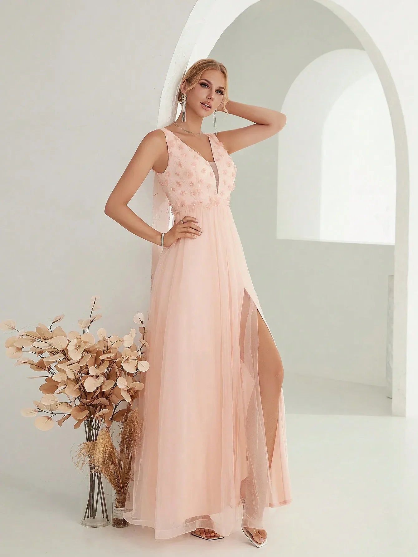 V-Neck 3D Sequin Embroidered Mesh Slit Skirt with Elegant Glamour and Artistic Detail