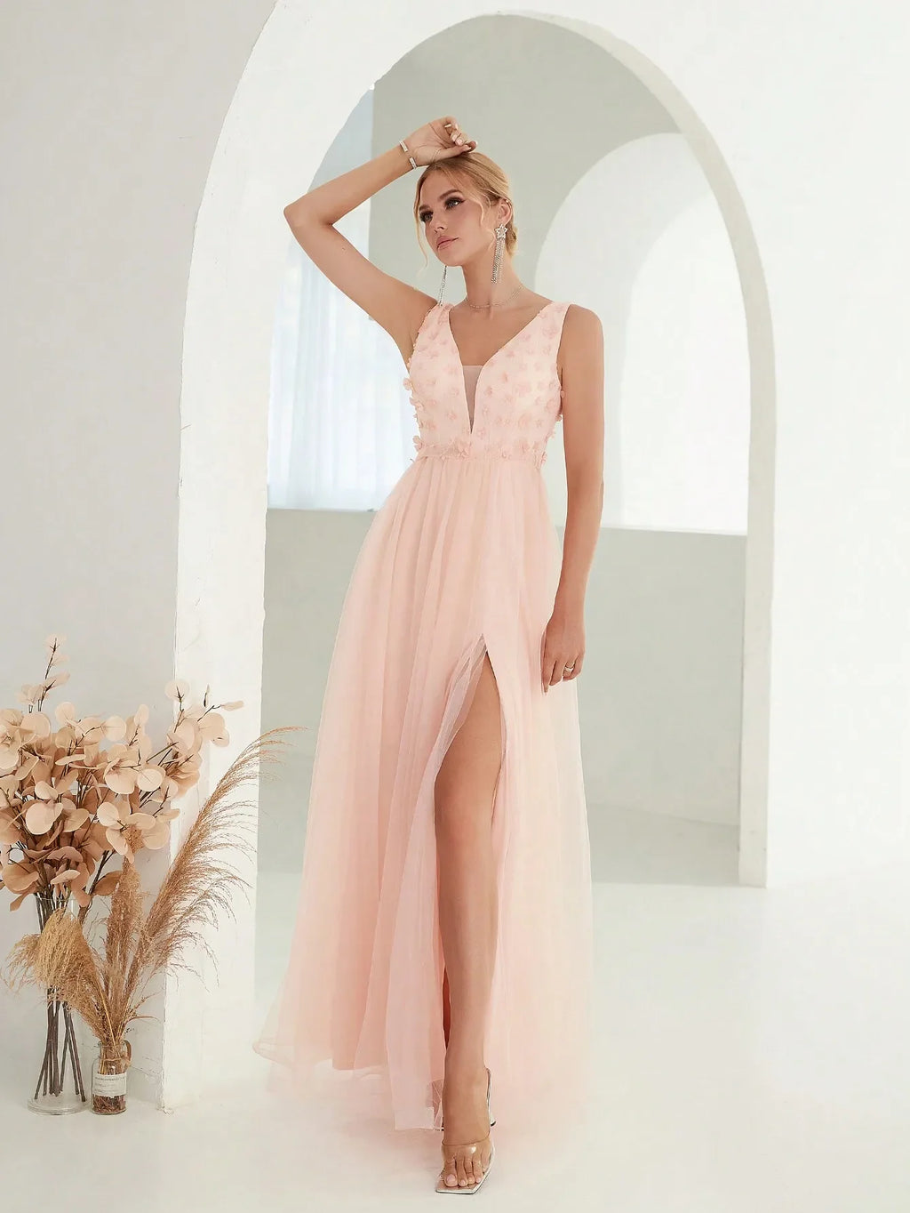 V-Neck 3D Sequin Embroidered Mesh Slit Skirt with Elegant Glamour and Artistic Detail