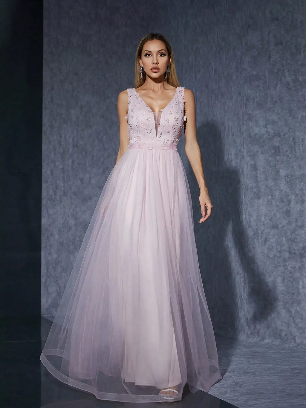 V-Neck 3D Sequin Embroidered Mesh Slit Skirt with Elegant Glamour and Artistic Detail