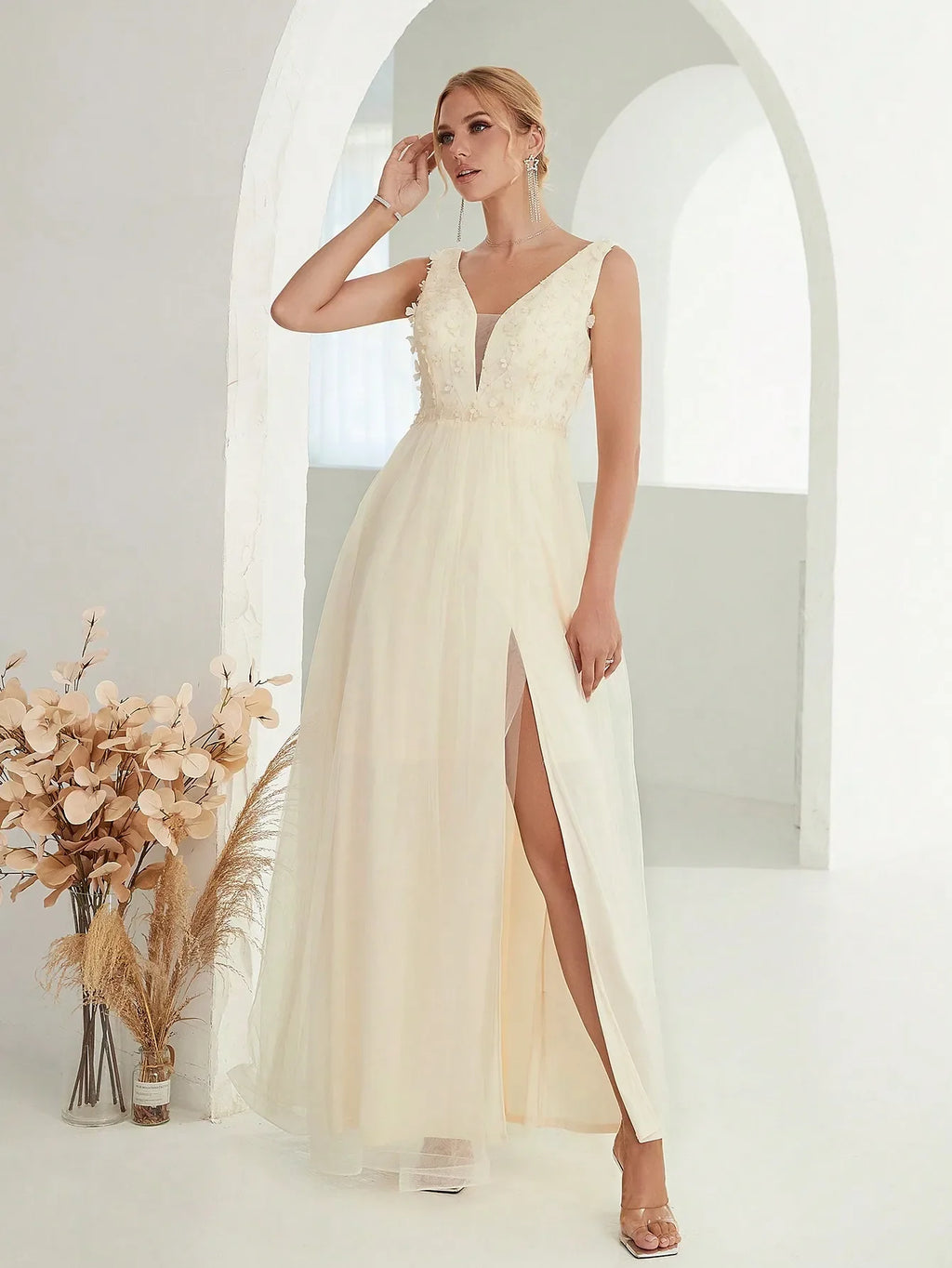 V-Neck 3D Sequin Embroidered Mesh Slit Skirt with Elegant Glamour and Artistic Detail