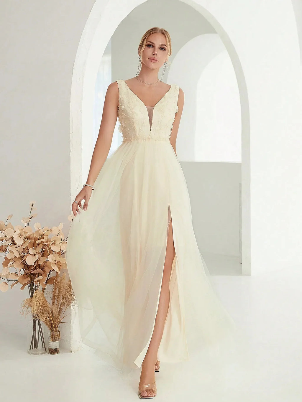 V-Neck 3D Sequin Embroidered Mesh Slit Skirt with Elegant Glamour and Artistic Detail