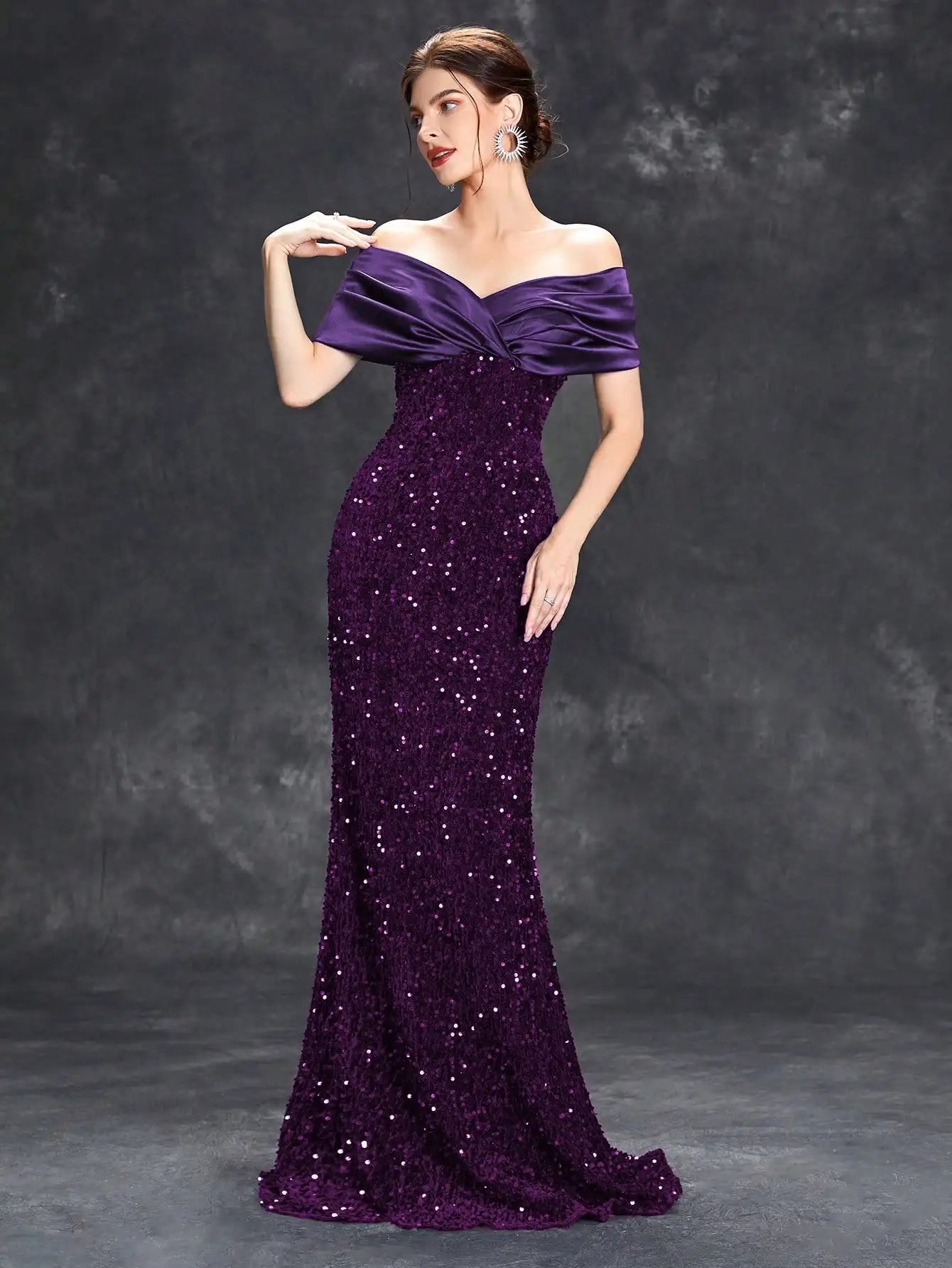 Elegant Line Neck Pleated Tint Sequin Velvet Fishtail Evening Gown with Ball and Party Dress for Bridesmaids