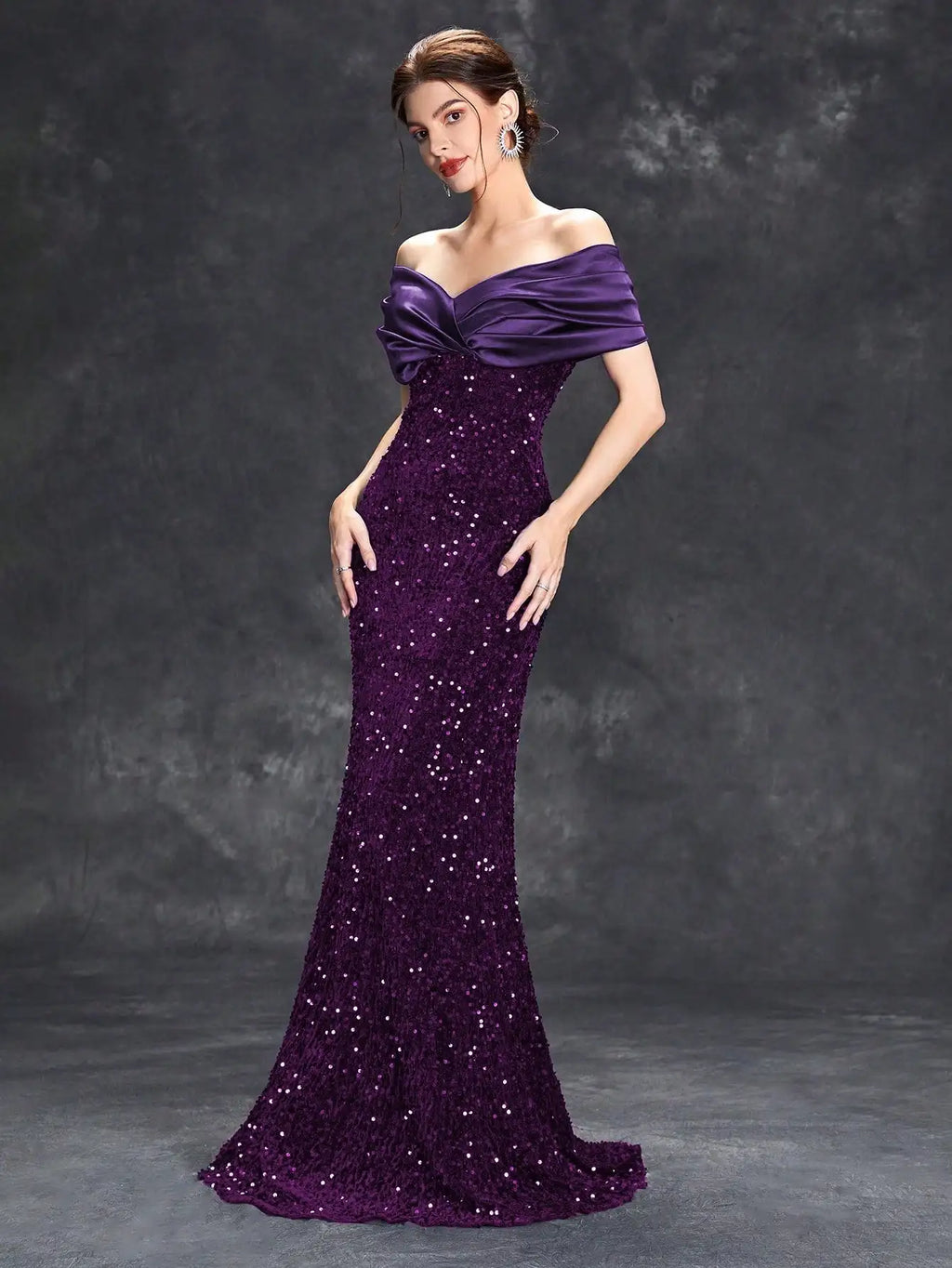Elegant Line Neck Pleated Tint Sequin Velvet Fishtail Evening Gown with Ball and Party Dress for Bridesmaids