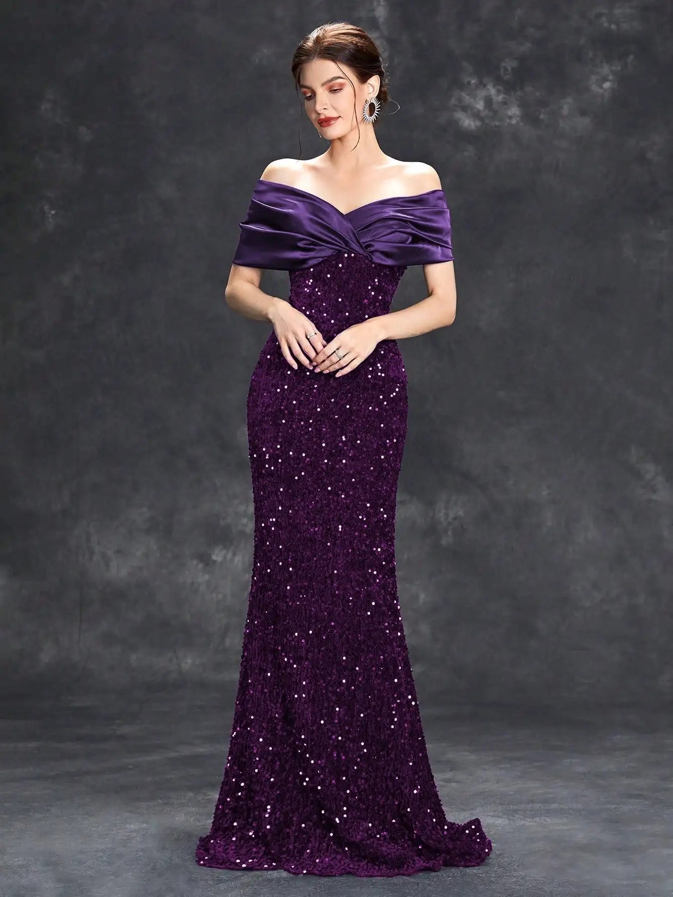 Elegant Line Neck Pleated Tint Sequin Velvet Fishtail Evening Gown with Ball and Party Dress for Bridesmaids