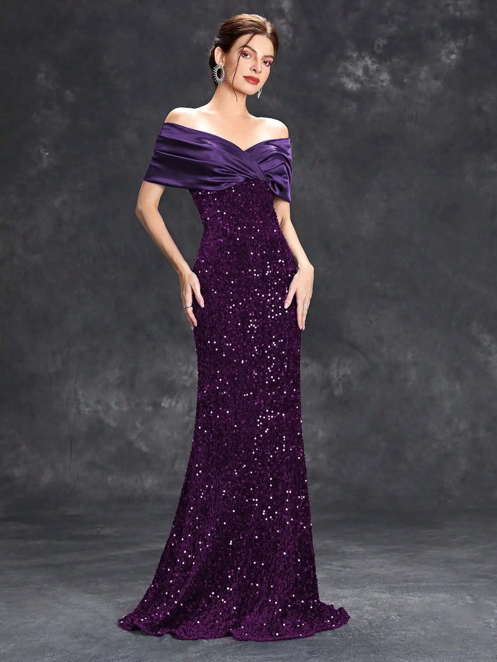 Elegant Line Neck Pleated Tint Sequin Velvet Fishtail Evening Gown with Ball and Party Dress for Bridesmaids