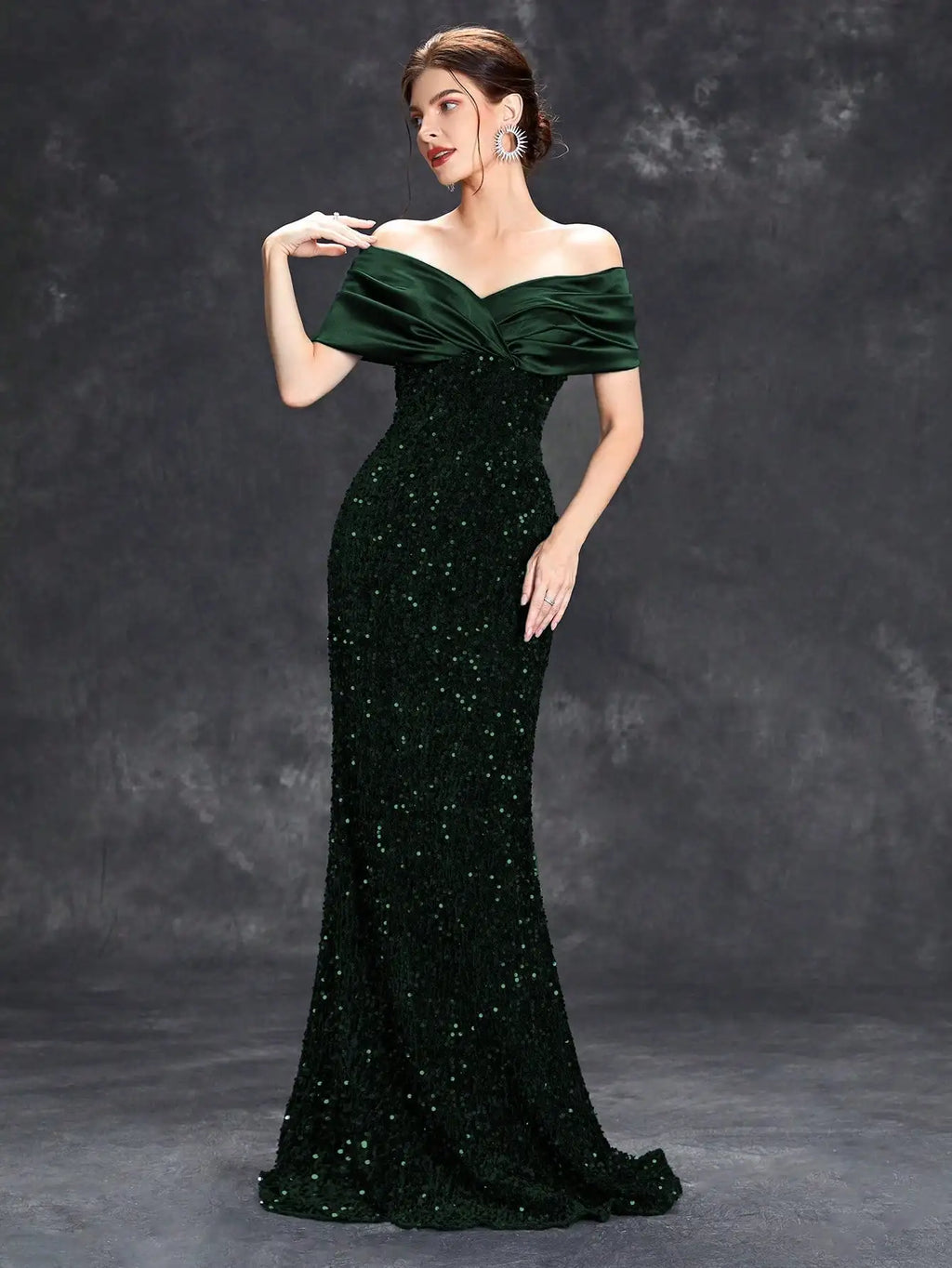 Elegant Line Neck Pleated Tint Sequin Velvet Fishtail Evening Gown with Ball and Party Dress for Bridesmaids