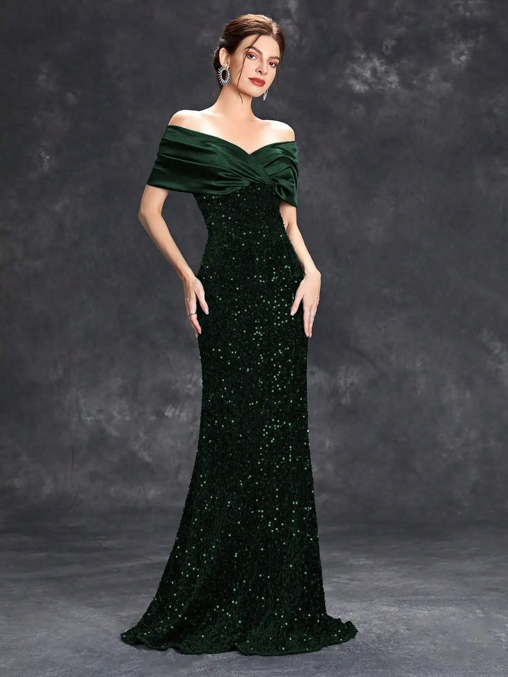 Elegant Line Neck Pleated Tint Sequin Velvet Fishtail Evening Gown with Ball and Party Dress for Bridesmaids