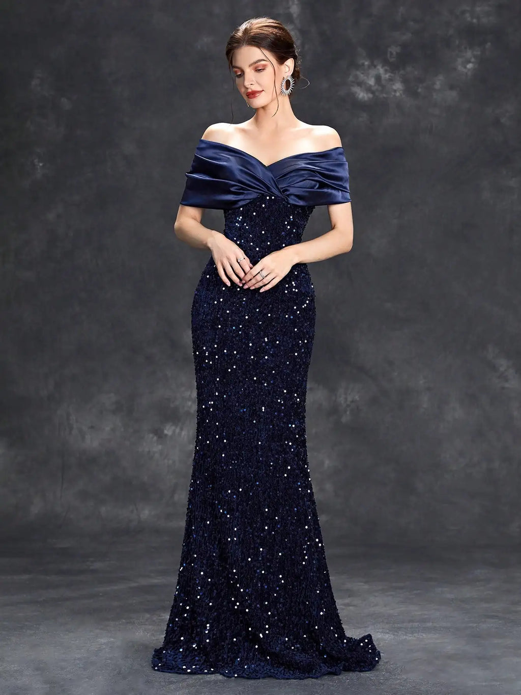 Elegant Line Neck Pleated Tint Sequin Velvet Fishtail Evening Gown with Ball and Party Dress for Bridesmaids