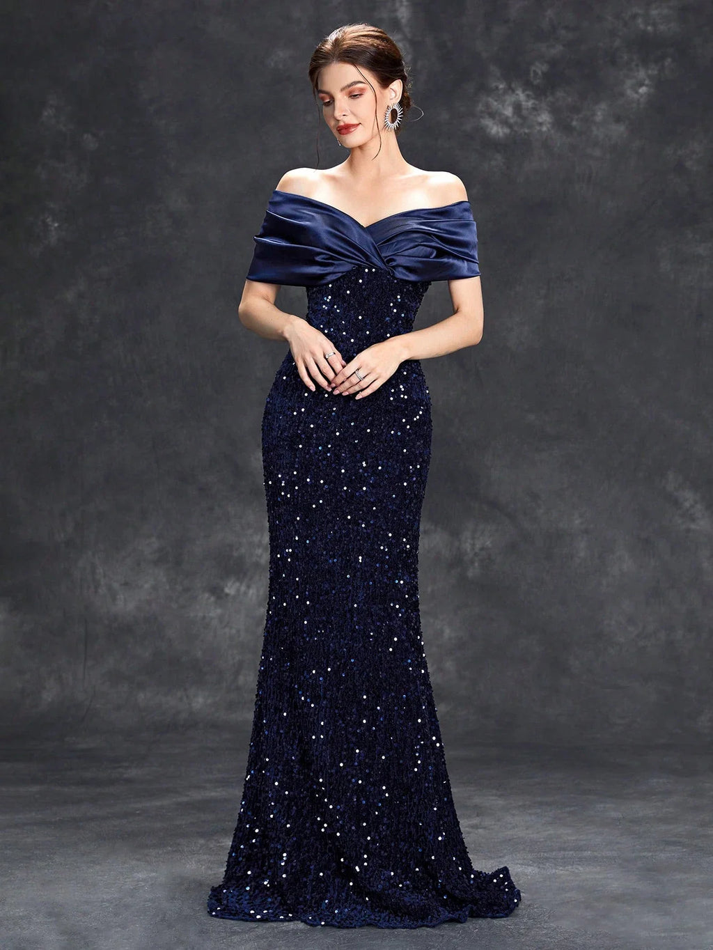 Elegant Line Neck Pleated Tint Sequin Velvet Fishtail Evening Gown with Ball and Party Dress for Bridesmaids