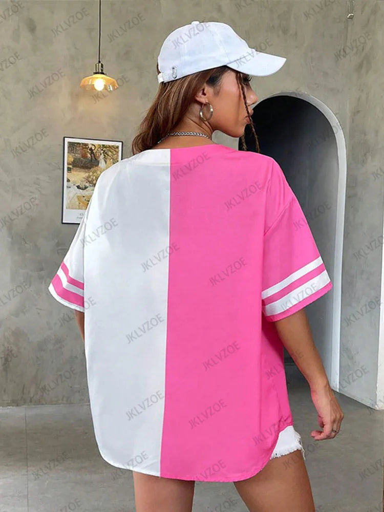 Oversized Pink and White Baseball Shirt Blouse for Women Short Sleeve Button Up Hip Hop Streetwear Top